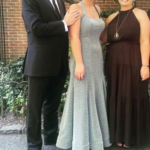 Long formal silver dress, worn once to a wedding